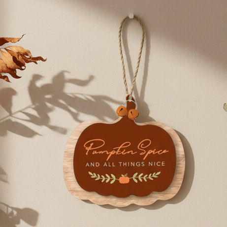 Wooden Pumpkin Spice Hanger Decoration, orange Pumpkin Spice hanging plaque with natural wood edging
