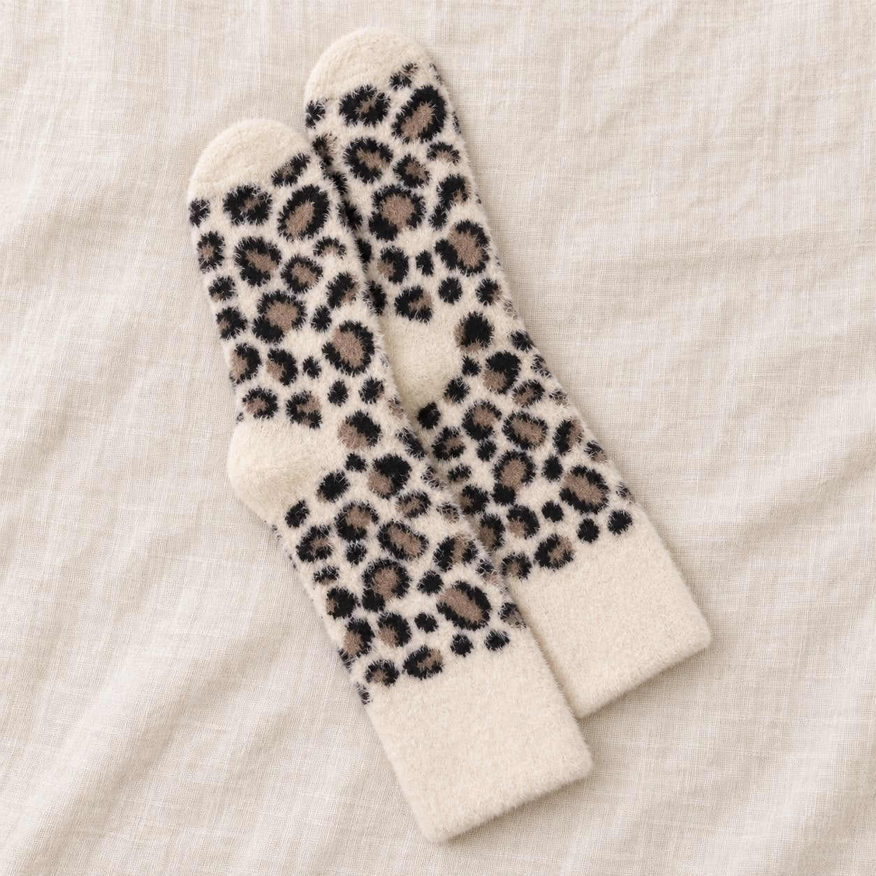 Cream Fluffy Leopard Print Socks