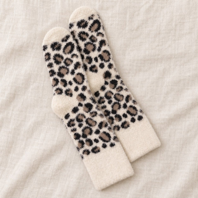 Cream Fluffy Leopard Print Socks