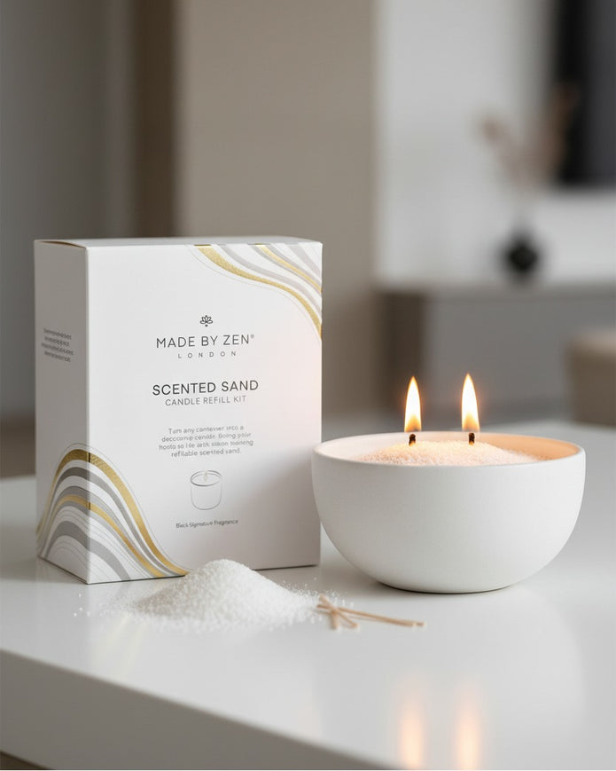 Made By Zen scented candle sand and wick box set with DIY home fragrance kit, featuring candles, sand, wicks, and decorative packaging.