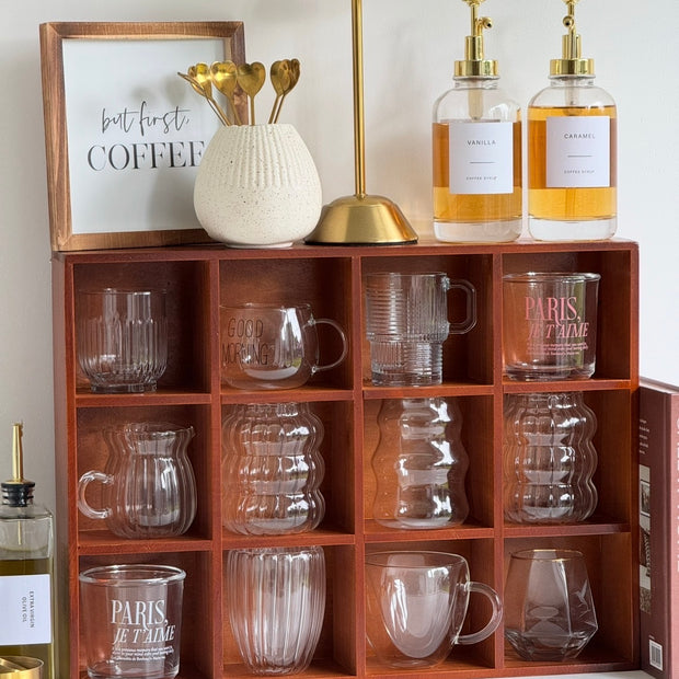 Dark wooden mug display shelf unit from Starlight Express, ideal for kitchen and dining room organization.