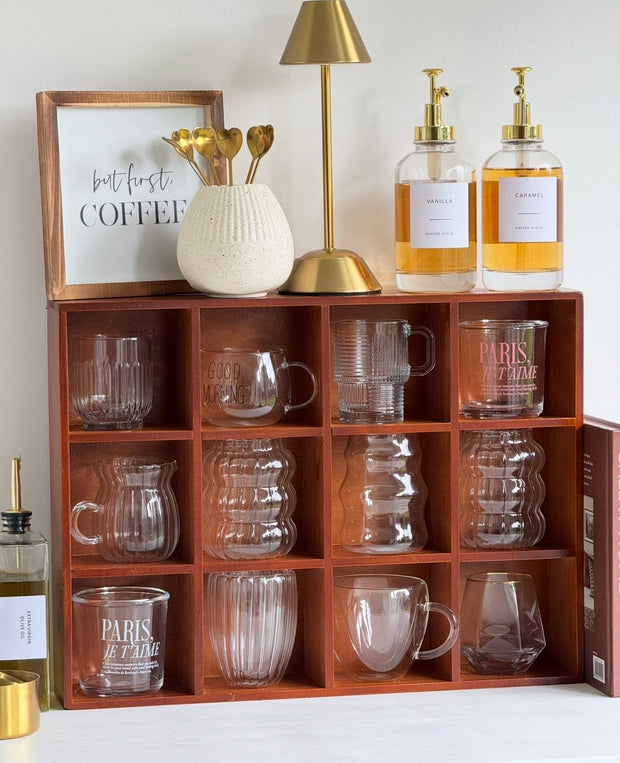 Dark wooden mug display shelf unit from Starlight Express, ideal for kitchen and dining room organization.