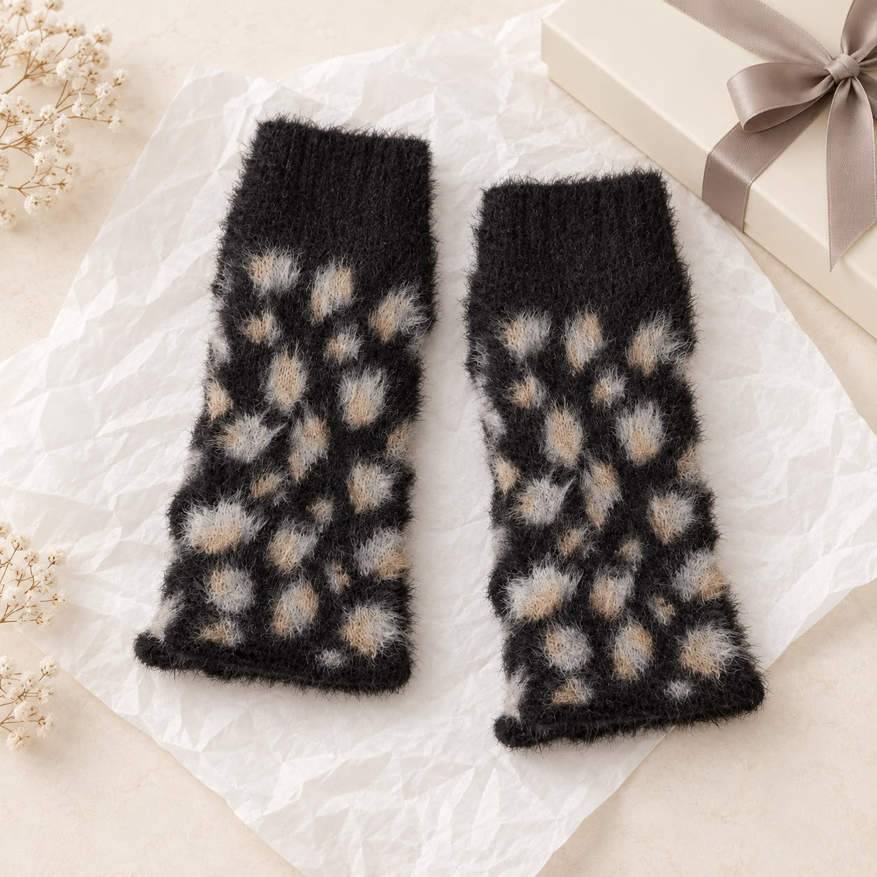 Black Leopard Fluffy Knit Fingerless Gloves