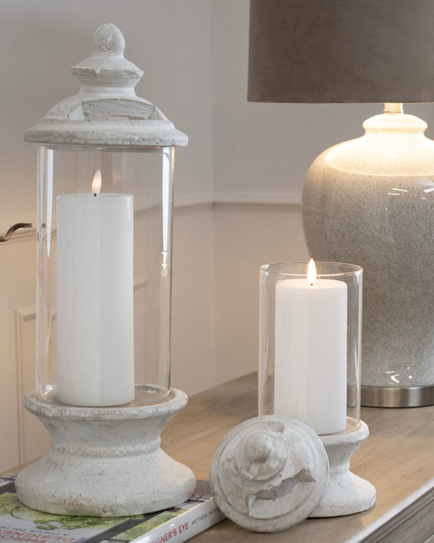 Stone lidded hurricane candle lantern from Hill Interiors, featuring a rustic design perfect for home decor accents.