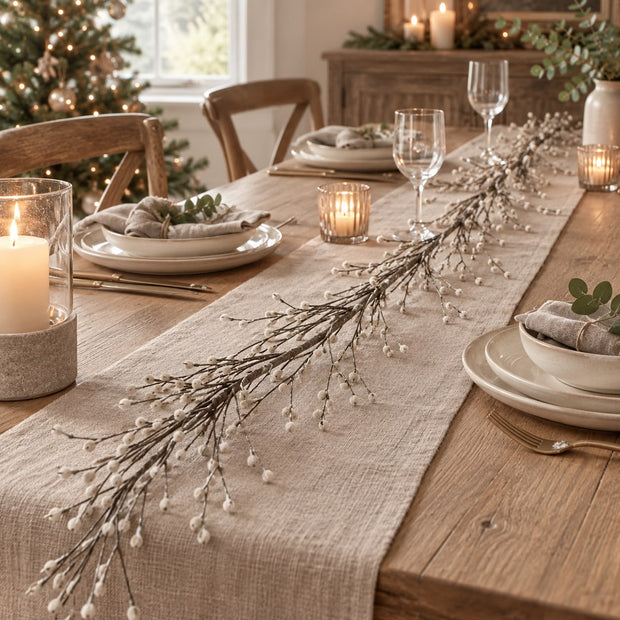 Snowy Twig Garland, snowy twig garland running along a set dining table