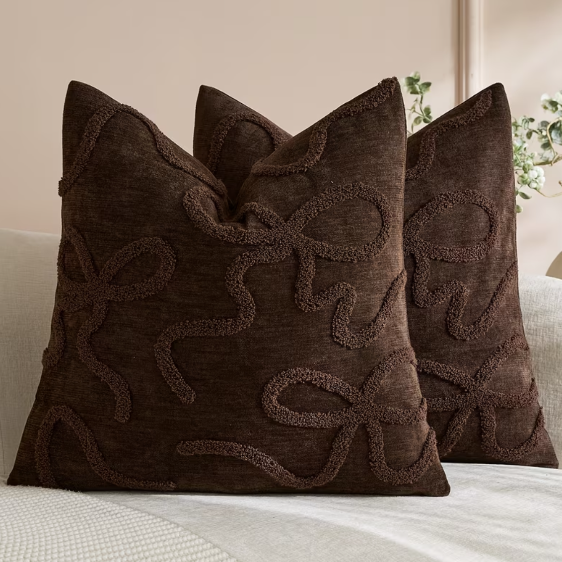 Chocolate Brown Bow Square Boucle Cushion Cover