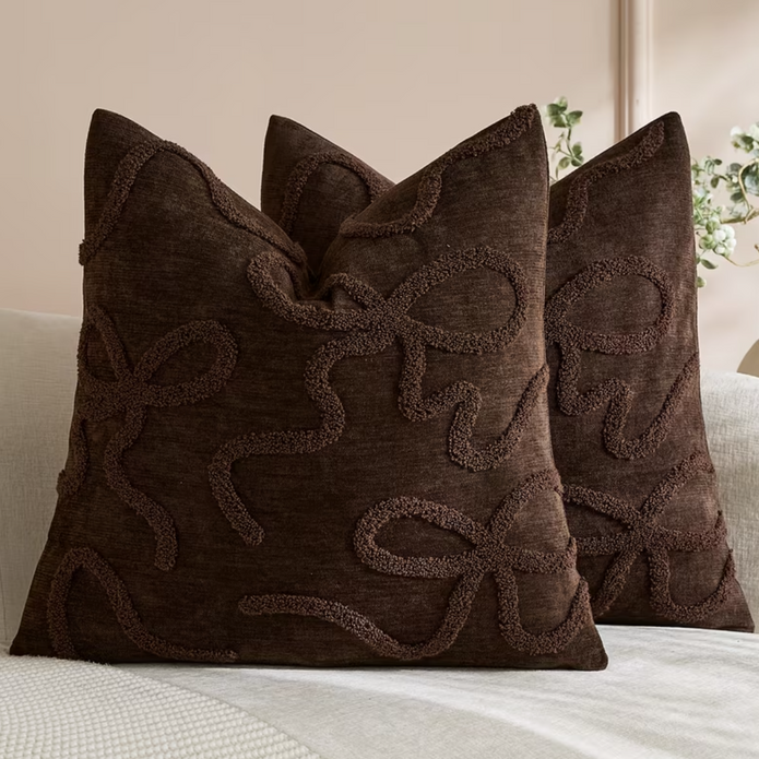Chocolate Brown Bow Square Boucle Cushion Cover