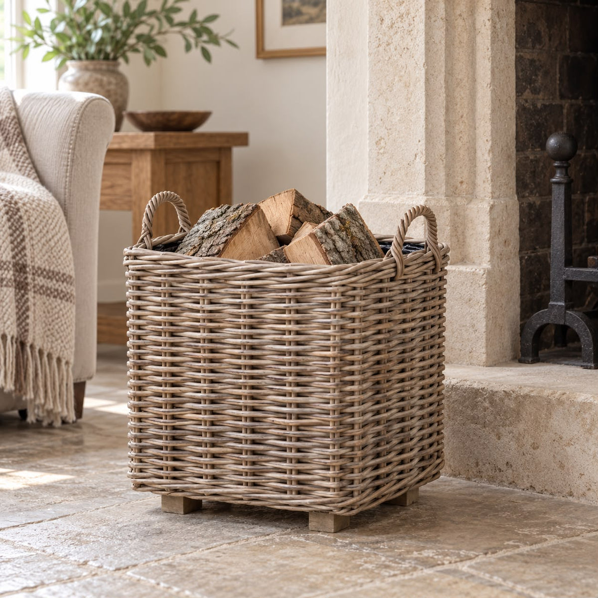 Burley Rattan Lined Square Planter Basket by Pacific Lifestyle Ltd, natural woven rattan home decor with a square shape and lining inside.
