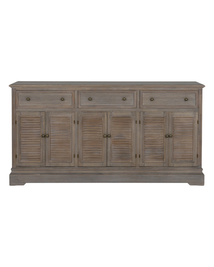 Large Delphine Collection dresser base with six doors and three drawers, made by Hill Interiors, showcasing a stylish furniture piece.