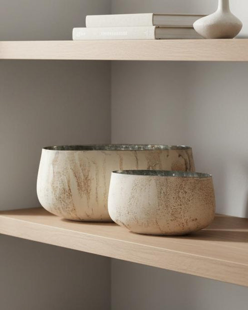 Natural Luxe Beige Bowl Vase, two beige bowls displayed on a pale wooden shelf