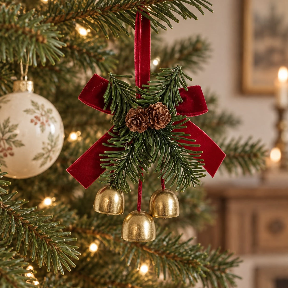 Triple Gold Bell & Burgundy Bow Hanging Ornament