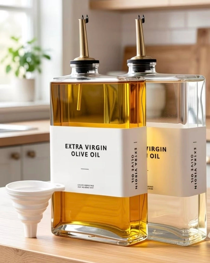 Gold glass dispenser bottles with pourer and label set for kitchen and dining, featuring elegant design and functional accessories.