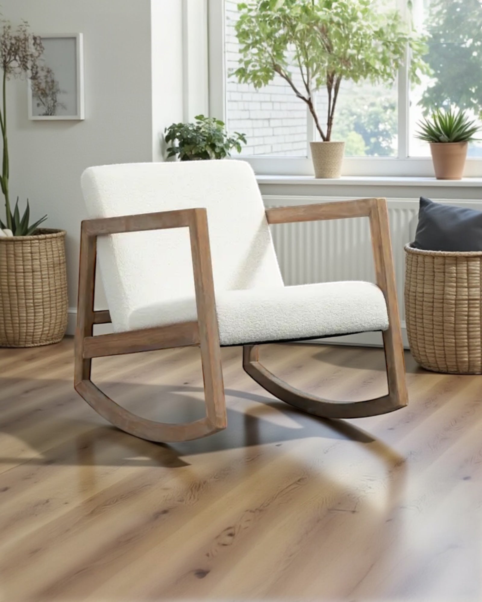 Cream boucle Sherpa rocking chair by Starlight Express, cozy nursery and bedroom furniture with plush fabric and wooden rocking base.