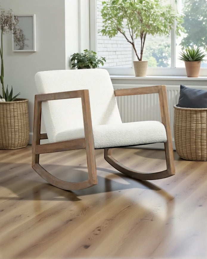 Cream boucle sherpa rocking chair by Starlight Express, cozy nursery and bedroom furniture with plush fabric and wooden rocking legs.