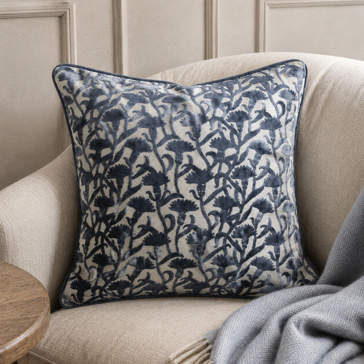 Navy Blue Velvet Floral Print Cushion Cover
