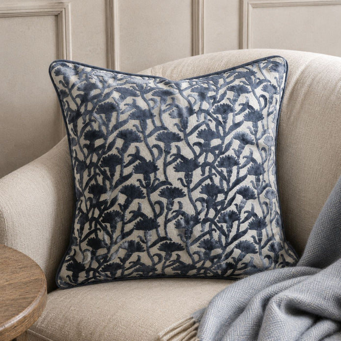 Navy Blue Velvet Floral Print Cushion Cover