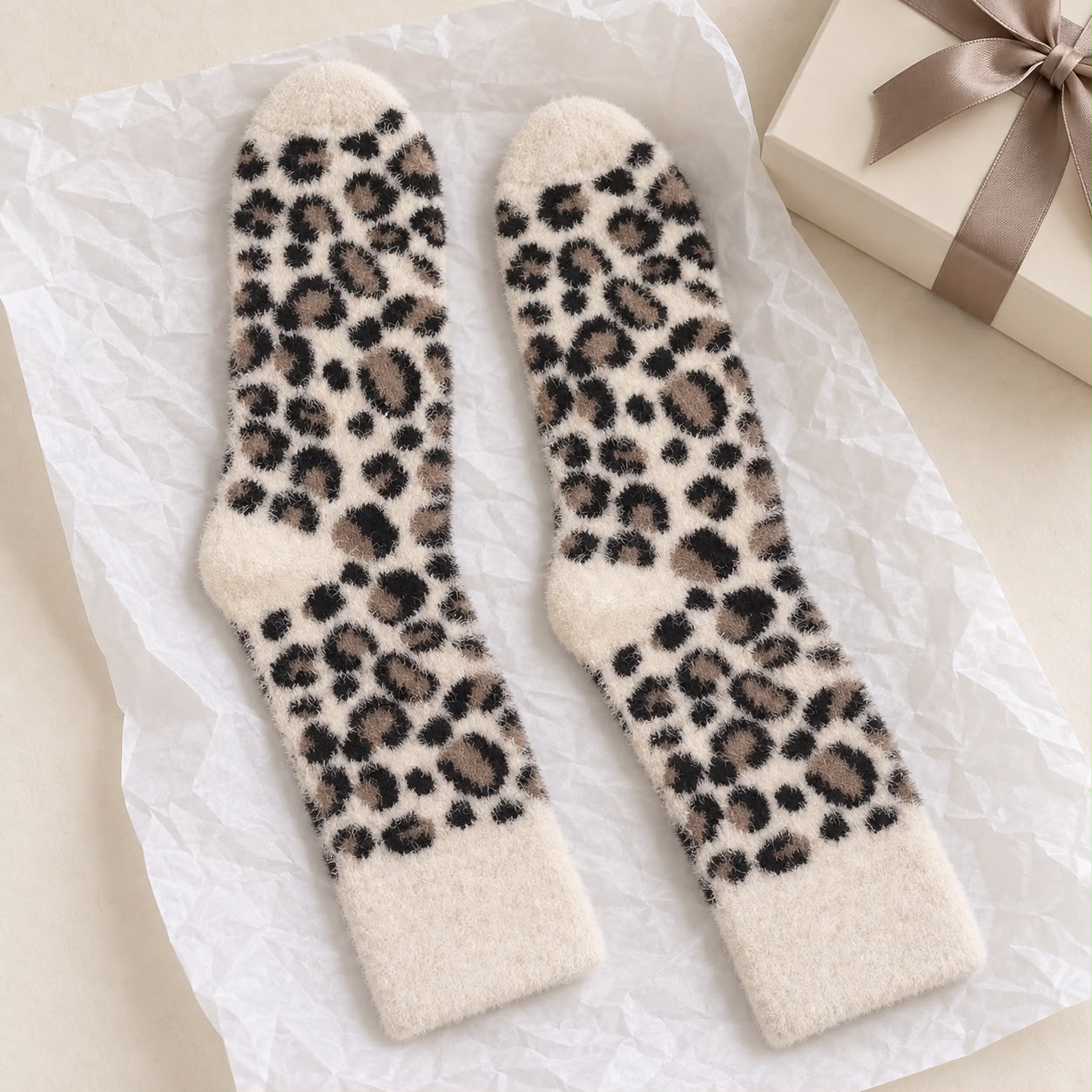 Cream Fluffy Leopard Print Socks