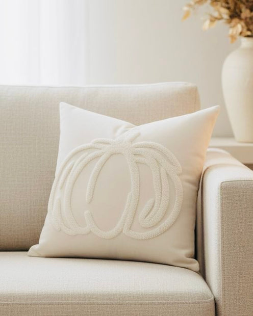 Cream Chenille Pumpkin Cushion Cover, cream cushion with white chenille pumpkin outline on a sofa