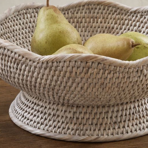 Wickham Rattan Scalloped Footed Fruit Bowl, close-up of pears in the scalloped woven bowl