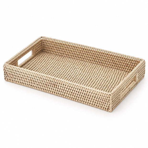 Wickham Rattan Rectangular Tray - Small, empty small rectangular woven tray with handle openings on white