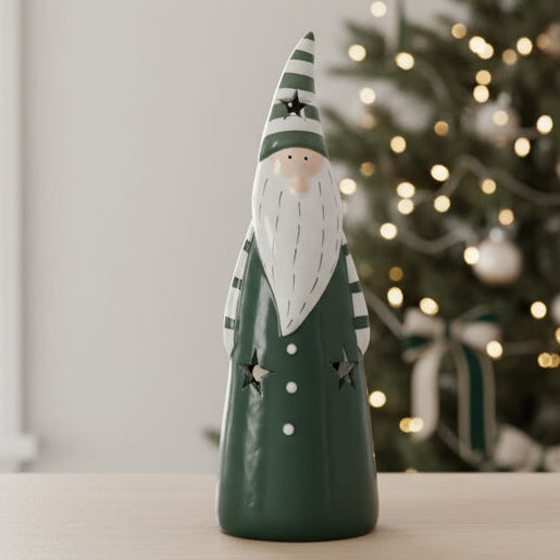 Dark Green And White Light Up LED Ceramic Gonk, close-up of the green gonk's striped hat and white beard