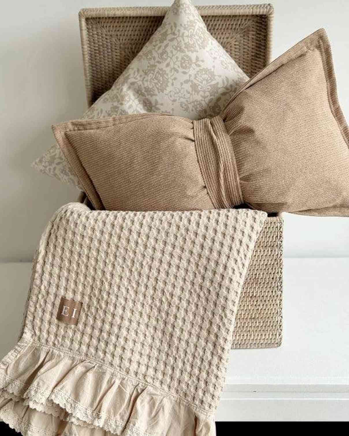 Beige Neutral Corduroy Striped Bow Cushion