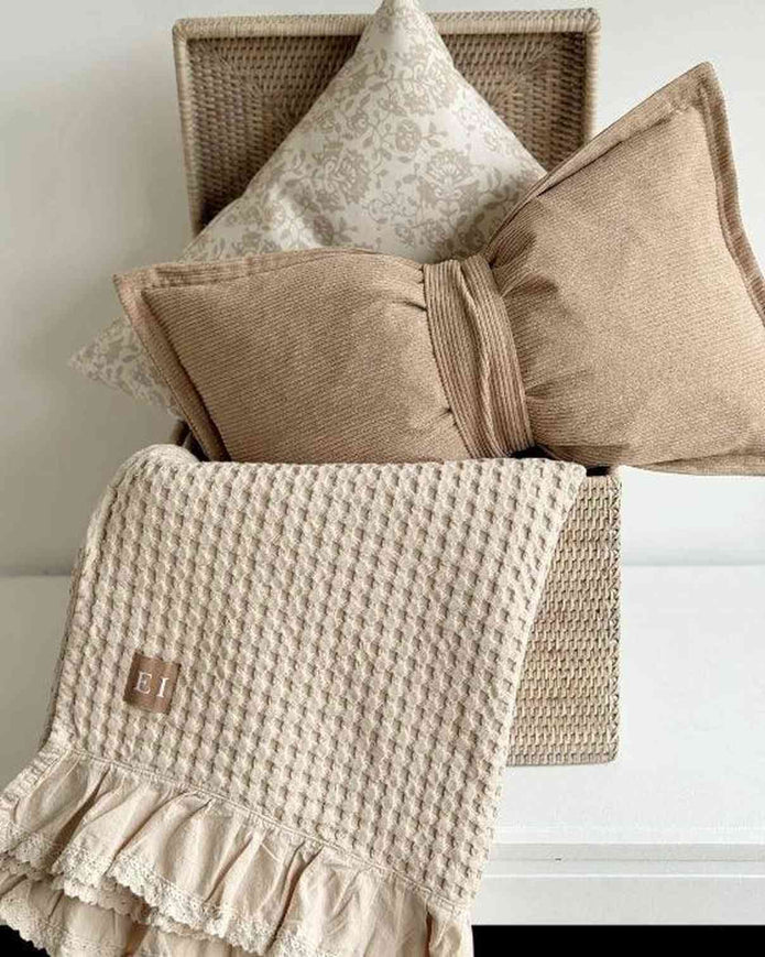 Beige Neutral Corduroy Striped Bow Cushion