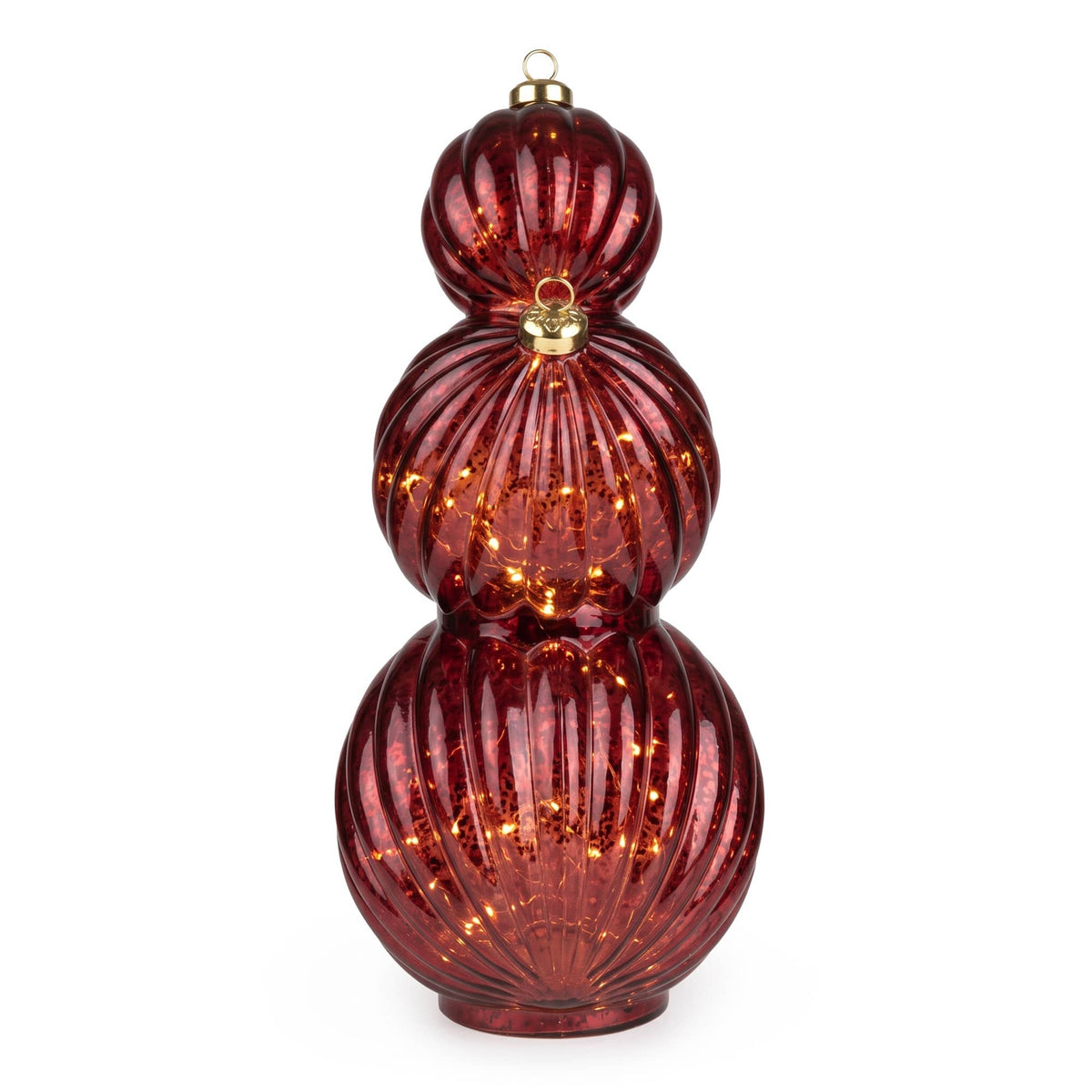 Burgundy light-up LED stacking glass baubles for Christmas decor, illuminated with colorful interior lights, by Candlelight Products Ltd.