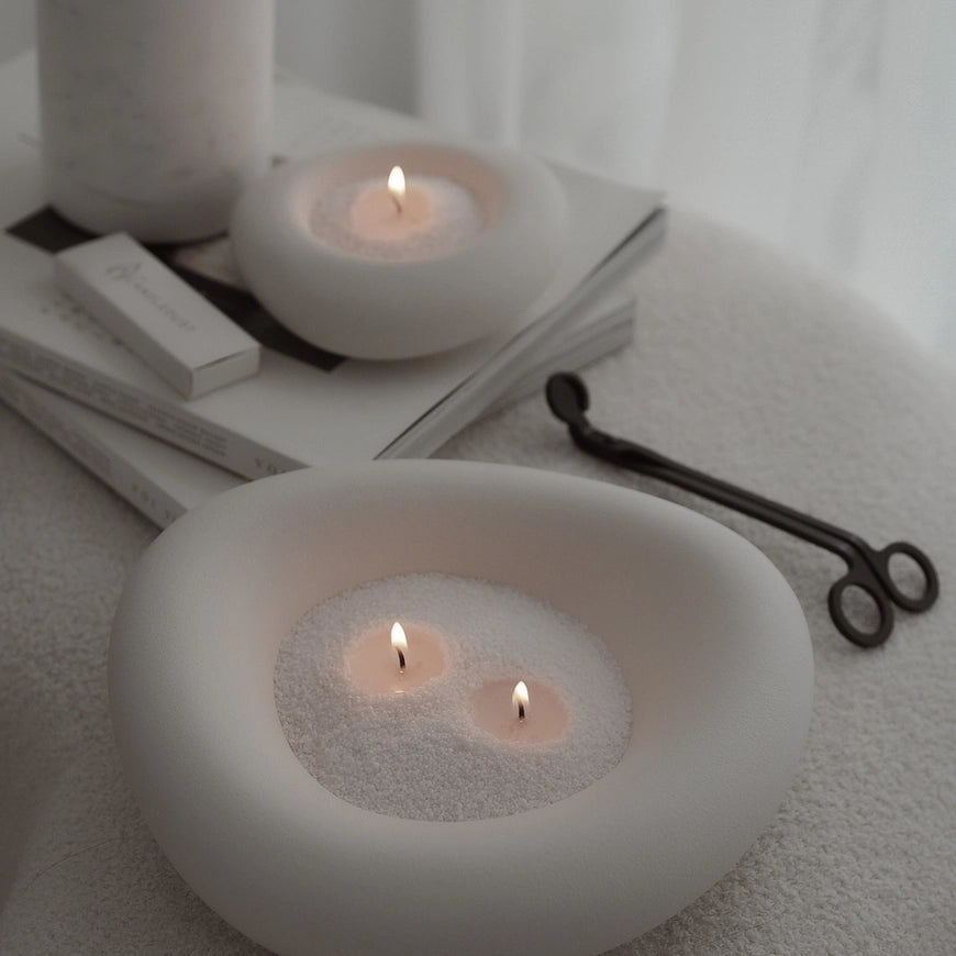 White scented candle sand kit for home fragrance by The Candledust, featuring a Midnight scented candle with decorative sand.
