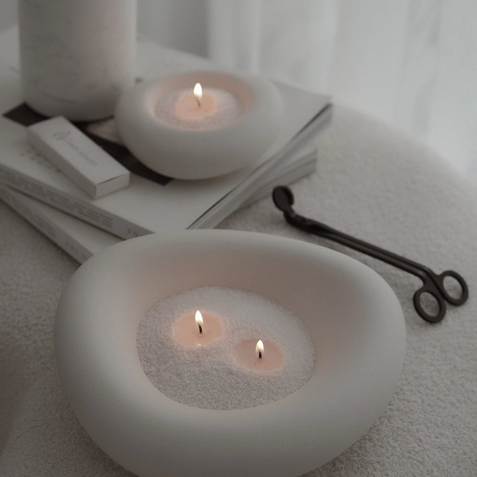 White scented candle sand kit for home fragrance by The Candledust, featuring a Midnight scented candle with decorative sand.
