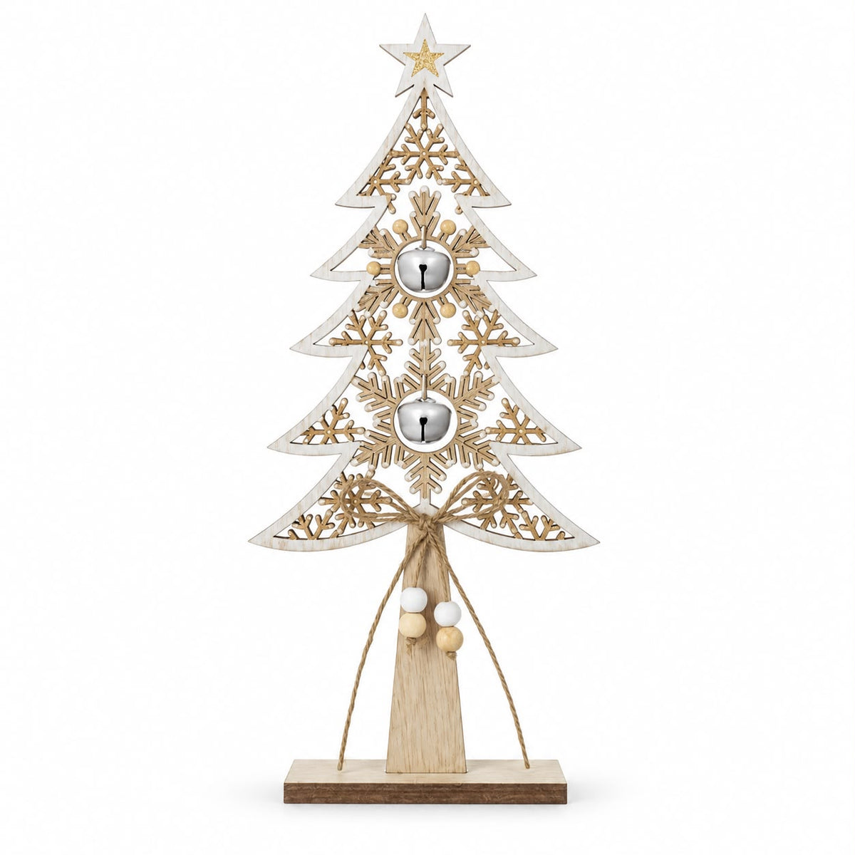 Wooden Tree With White Bells, full view of the wooden tree and hanging bells on white