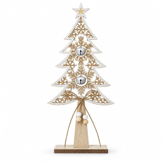 Wooden Tree With White Bells, full view of the wooden tree and hanging bells on white