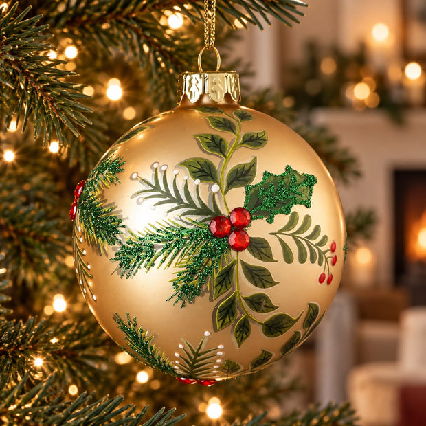 Gold Glass Holly Design Hand Painted Bauble