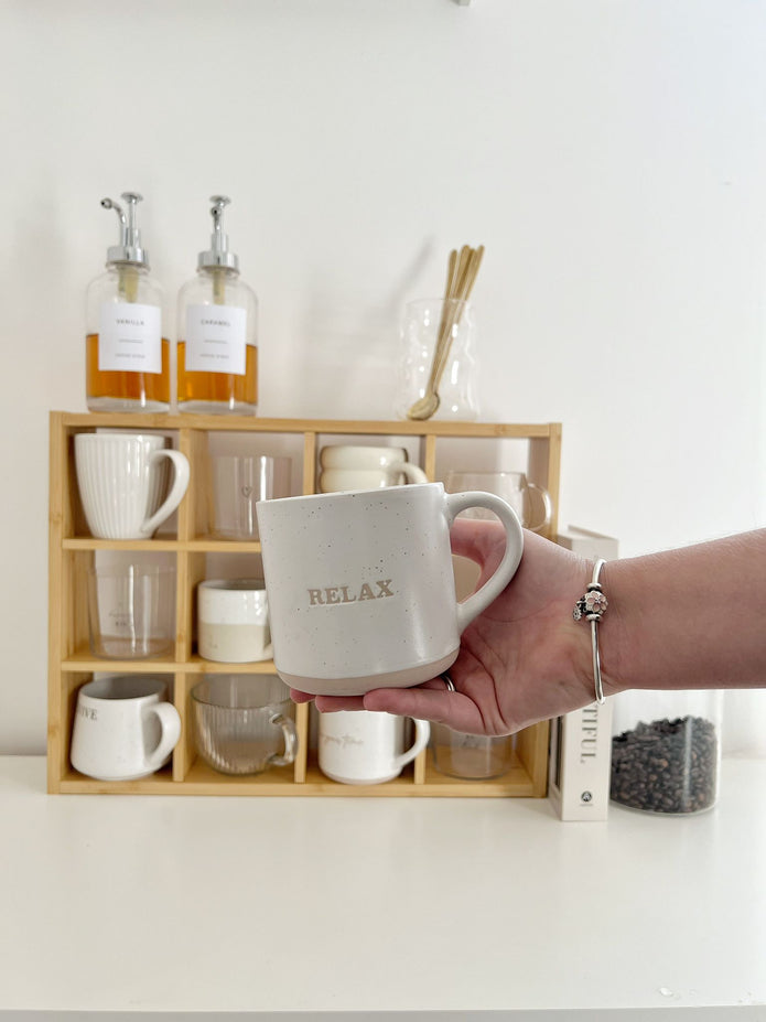 Wooden mug display shelf unit by Starlight Express, ideal for kitchen and dining room organization and decor.