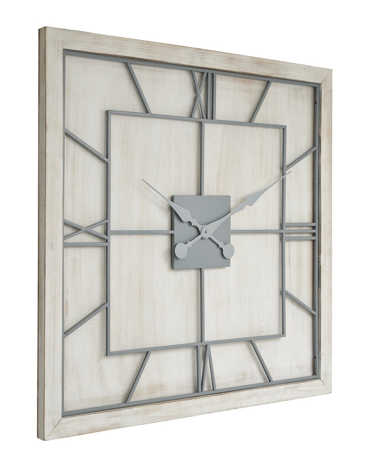 Large white square wooden Williston wall clock by Hill Interiors, featuring a minimalist design with black clock hands.