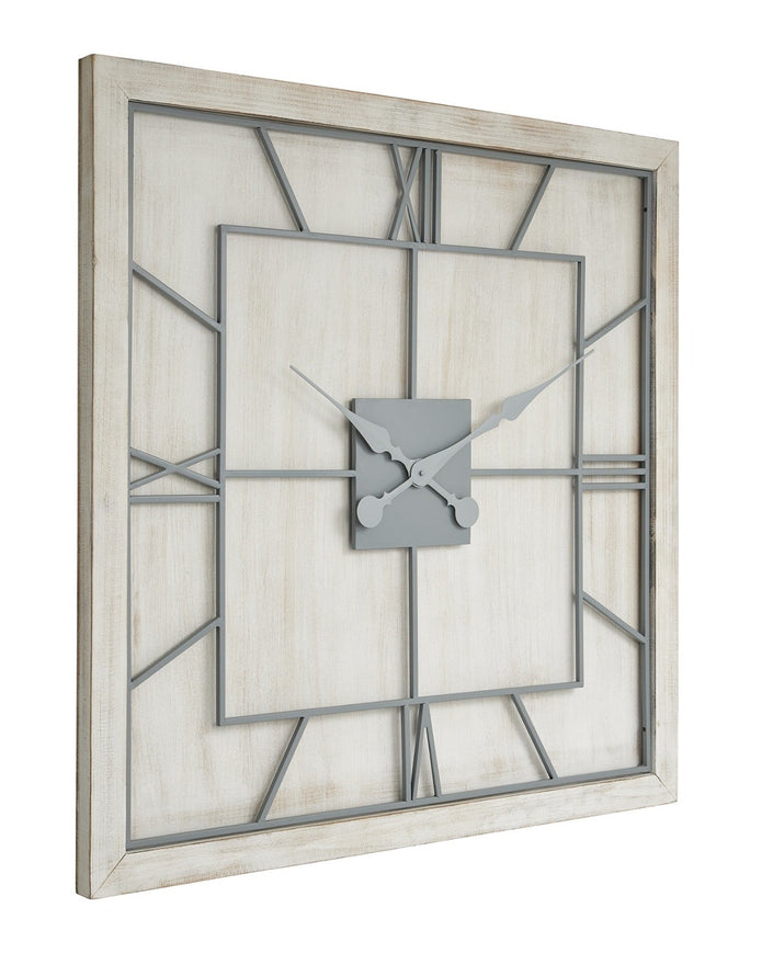 Large white square wooden Williston wall clock by Hill Interiors, featuring a minimalist design with black clock hands.