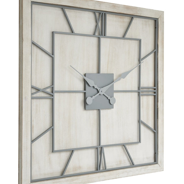 Large white square wooden Williston wall clock by Hill Interiors, featuring a minimalist design with black clock hands.