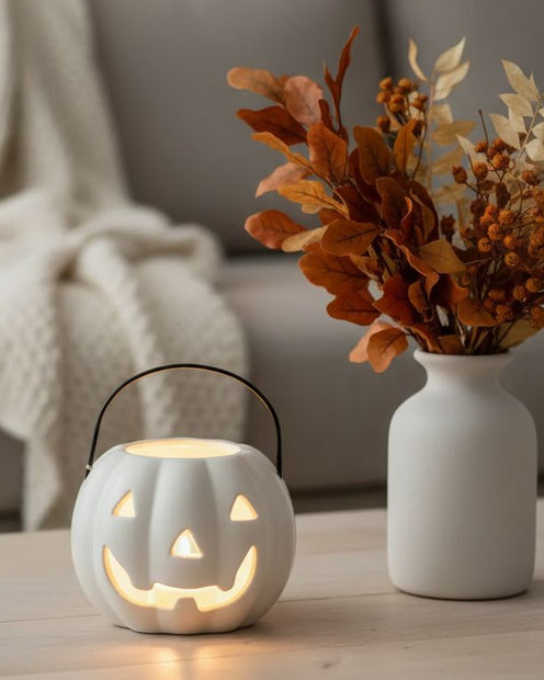 White Pumpkin Candle Holder, white jack-o'-lantern holder glowing beside an autumn vase