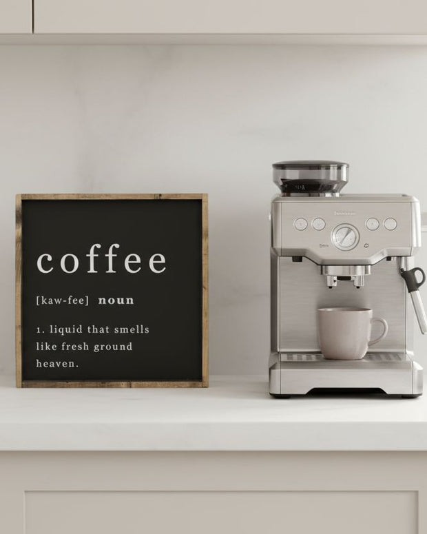 Large black framed coffee sign by Williamraedesigns, handmade home decor with stylish lettering for coffee lovers.