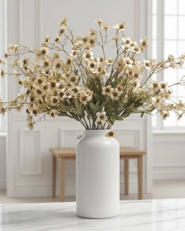 Cream artificial daisy flower stem from Starlight Express, showcasing realistic petals and green foliage for decorative arrangements.