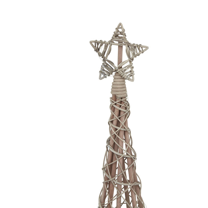 Close-up of woven star topper and wrapped collar on the rattan Christmas tree.