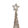 Close-up of woven star topper and wrapped collar on the rattan Christmas tree.