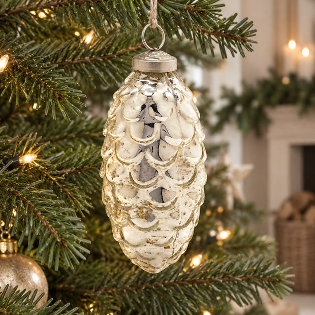 Large Glass Christmas Acorn Hanging Decoration, silver glass acorn decoration hanging on a Christmas tree