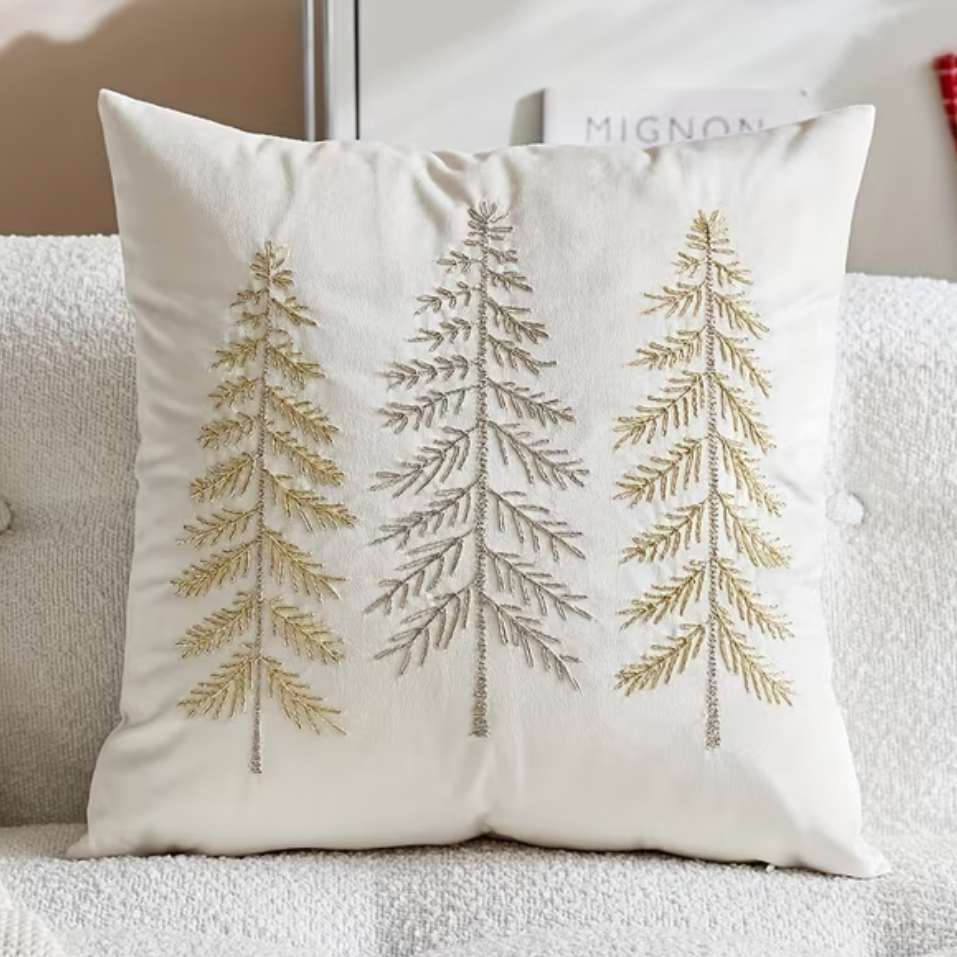 Cream velvet cushion cover with embroidered tree design by Starlight Express, showcasing soft fabric and detailed embroidery.