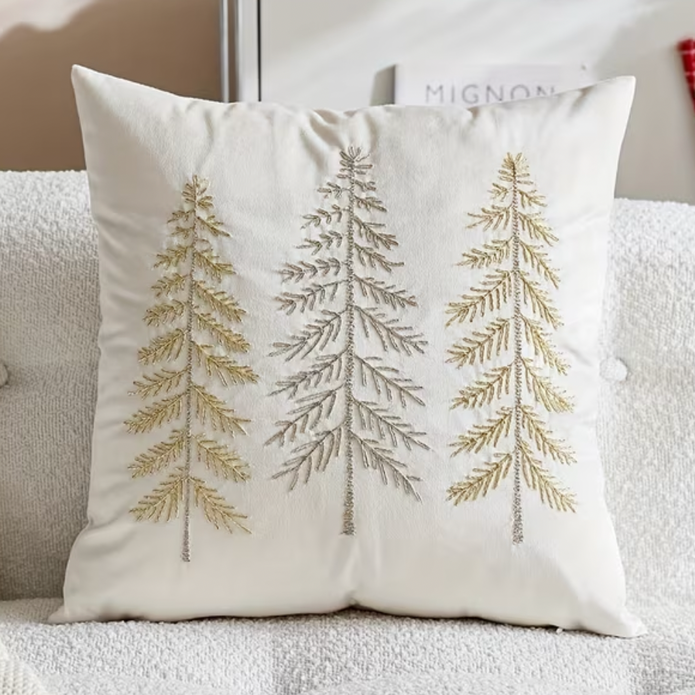 Cream velvet cushion cover with embroidered tree design by Starlight Express, showcasing soft fabric and detailed embroidery.