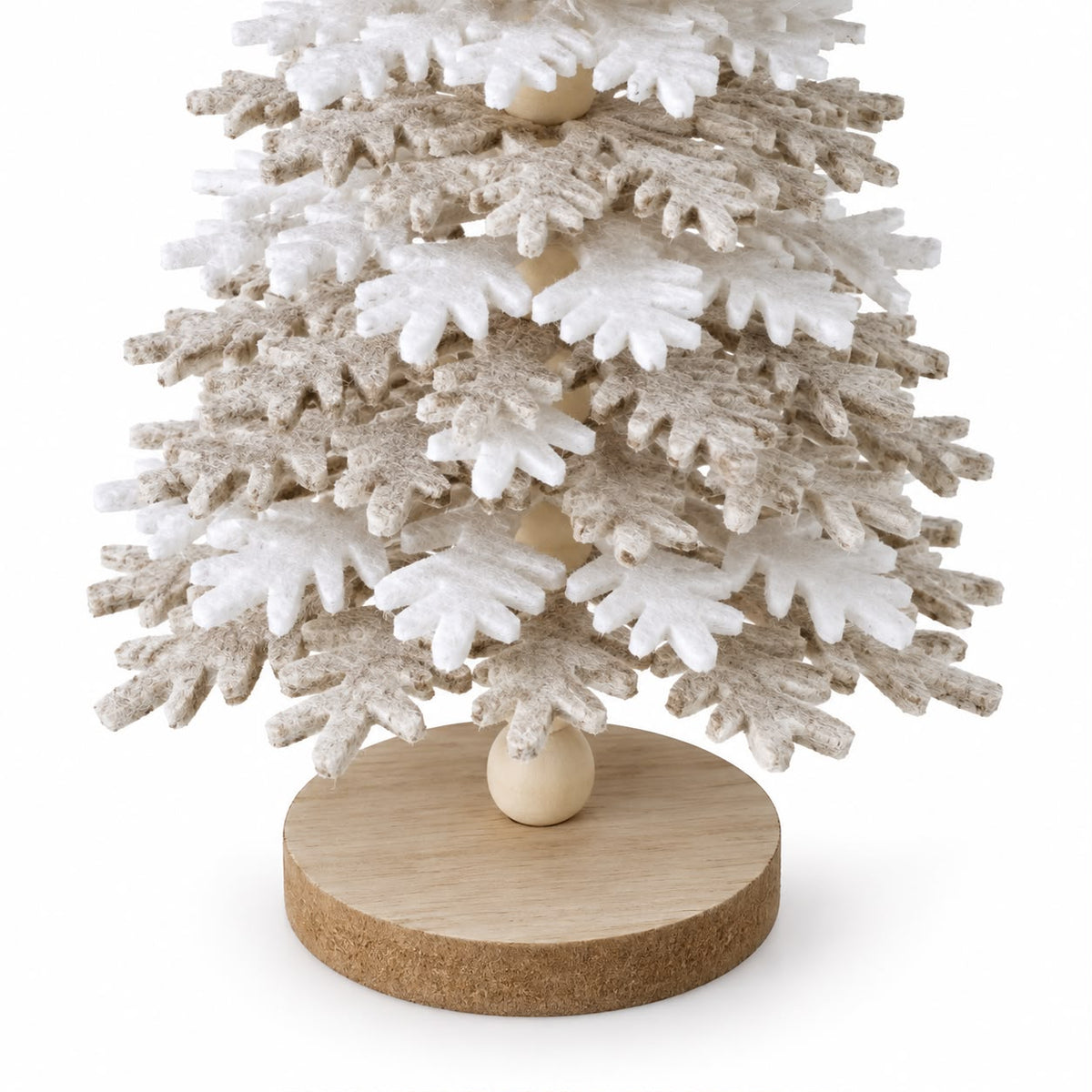 Beige And White Felt Snowflake Tree, close-up of the felt snowflake layers and wooden base