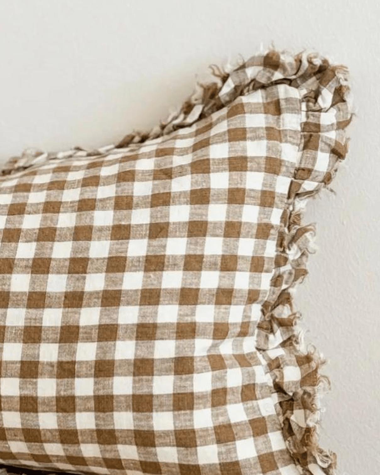 Hallie Brown rectangle gingham cushion cover by Ellenvale Trade, soft furnishings with a classic brown and white check pattern.