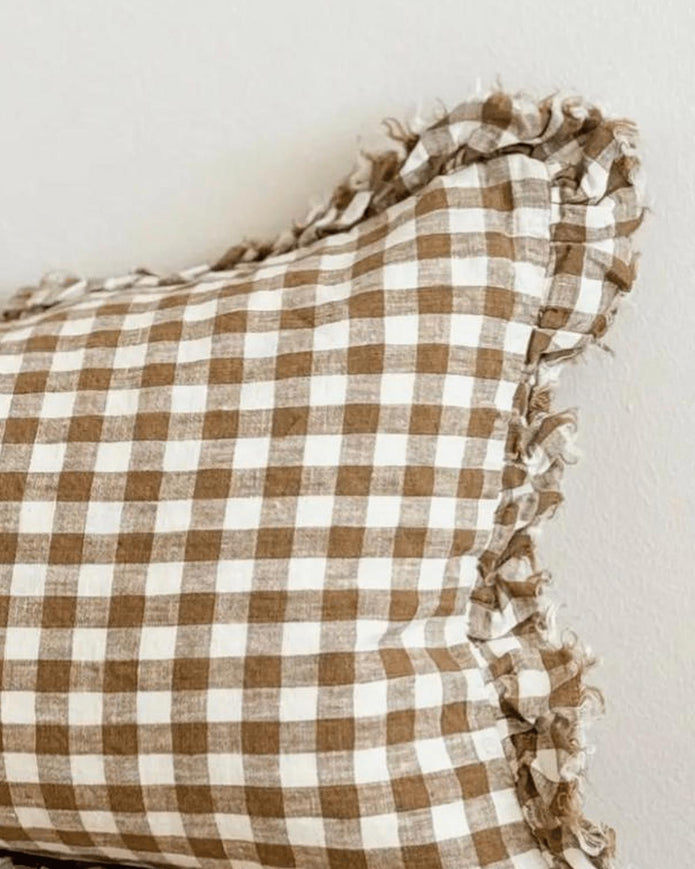 Hallie Brown rectangle gingham cushion cover by Ellenvale Trade, soft furnishings with a classic brown and white check pattern.
