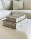Pair of vintage cream and green Coach House storage book boxes with decorative design, perfect for home decor organization.