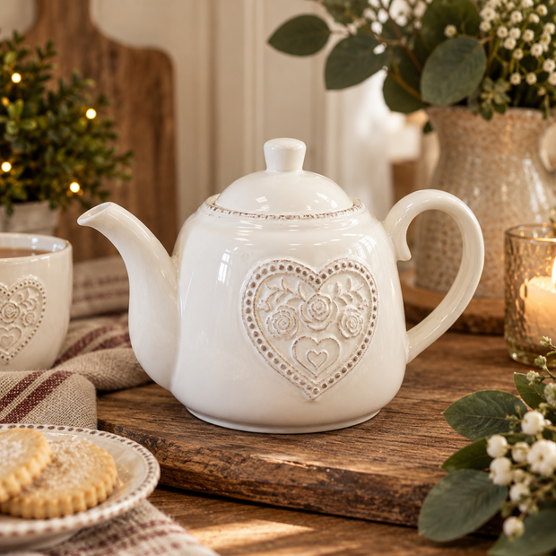 White Ceramic Small Teapot with Floral Heart Detail